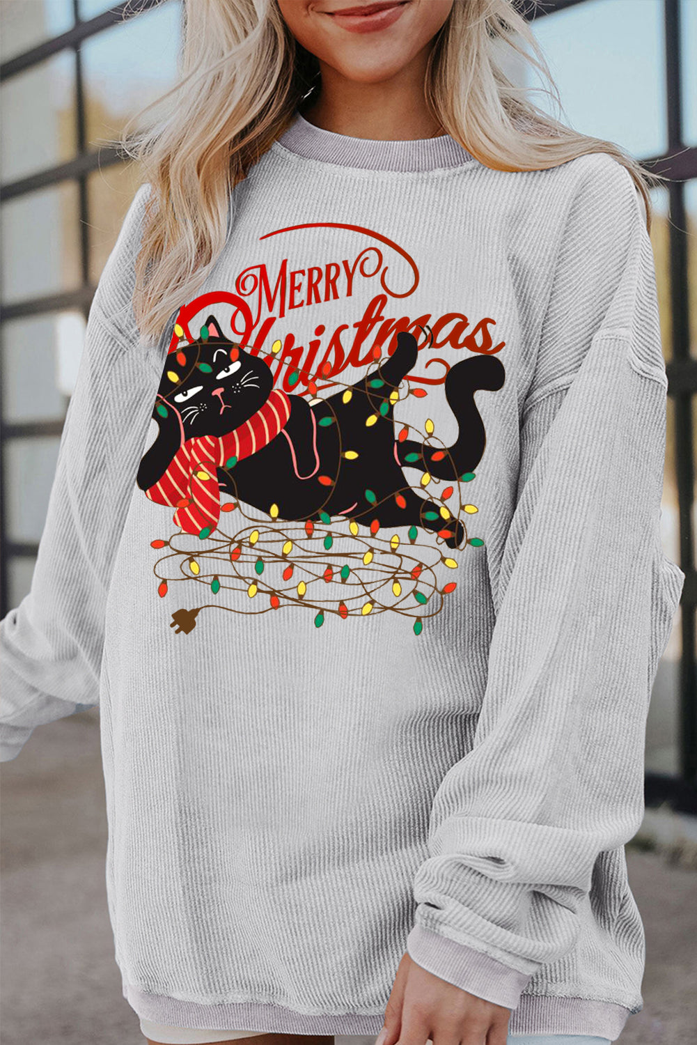 Christmas Quirky Cat Lights String Print Stripe Sweatshirt