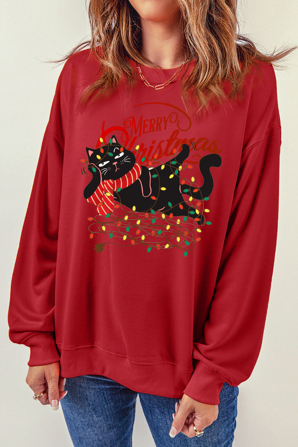 Christmas Wacky Cat String Lights Print Crew Neck Pullover Sweatshirt