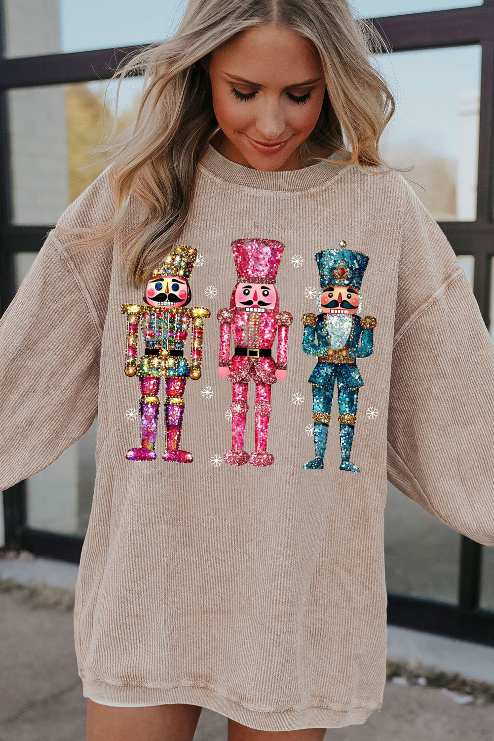 Ribbed Knit Nutcracker Pattern Crew Neck Pullover Sweatshirt