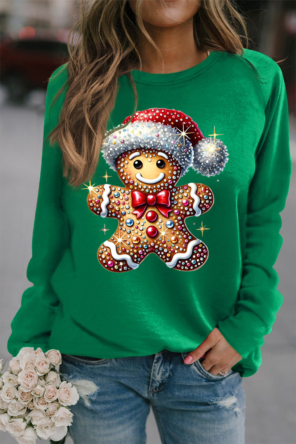 Christmas Ribbed Crew Neck Bear Christmas Hat Pullover Sweatshirt