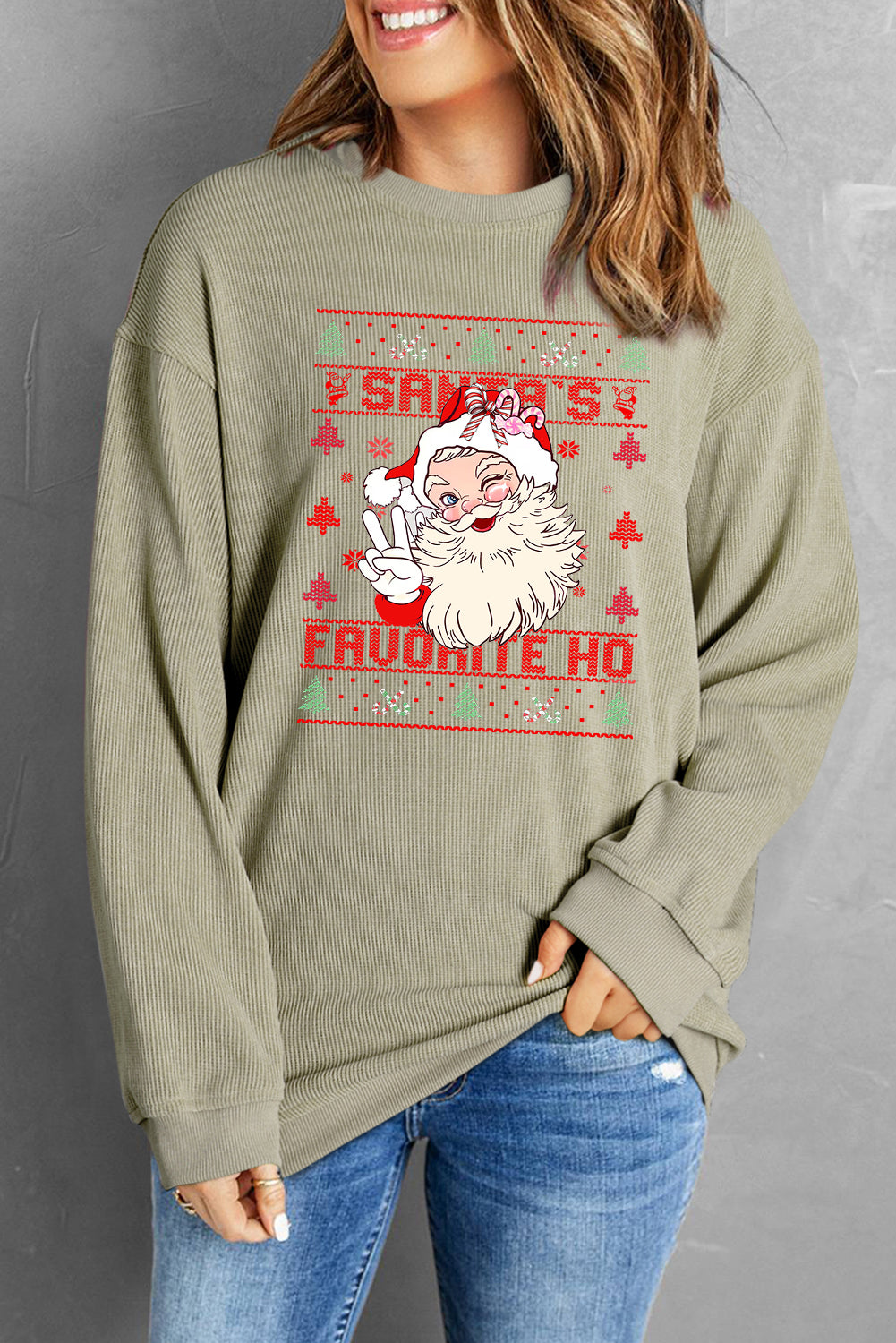 Plain Crew Neck Cute Santa Pattern Pullover Sweatshirt