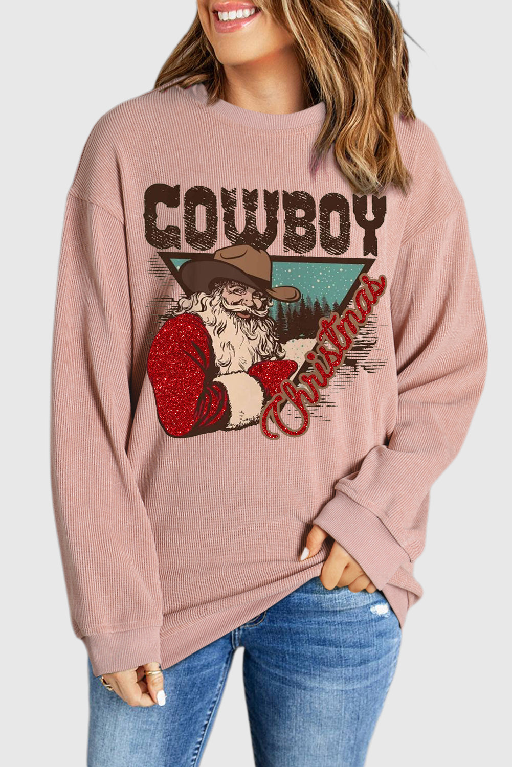 Christmas Cowboy Boy Printed Knit Crew Neck Pullover Sweatshirt