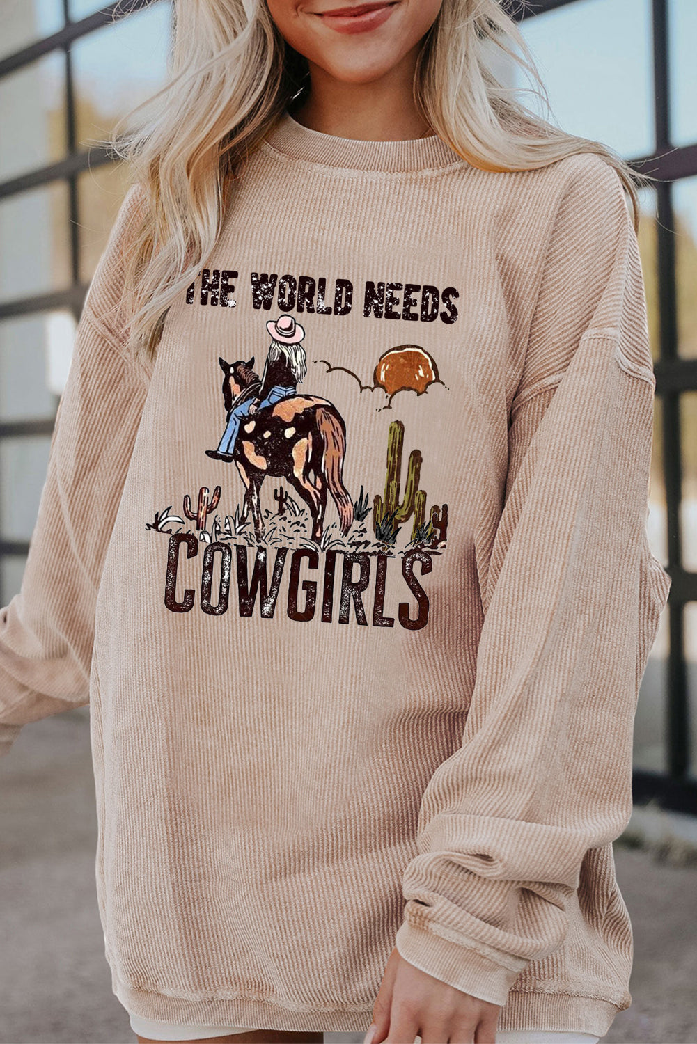 Ribbed Knit Crew Neck Western Cowboy Pattern Pullover Sweatshirt