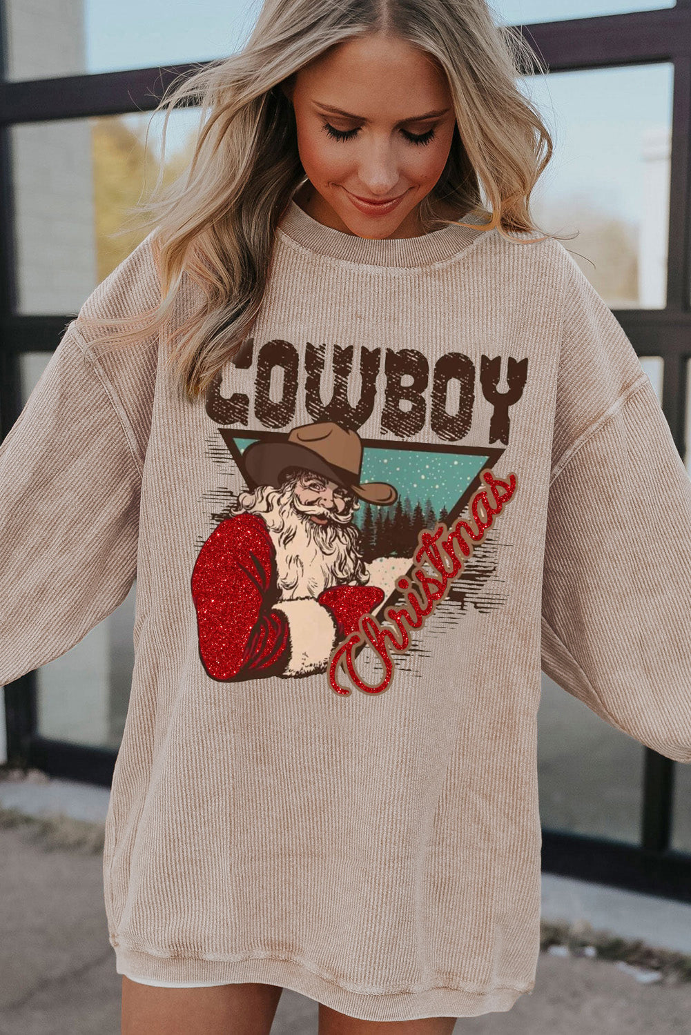 Christmas Cowboy Boy Ribbed Corduroy Oversized Sweatshirt