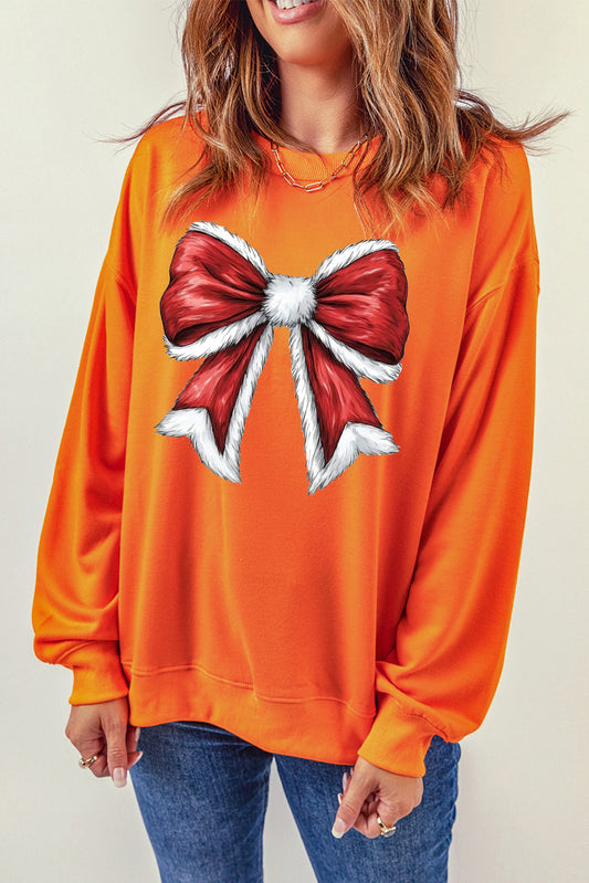 Christmas Big Bow Pattern Crew Neck Pullover Sweatshirt