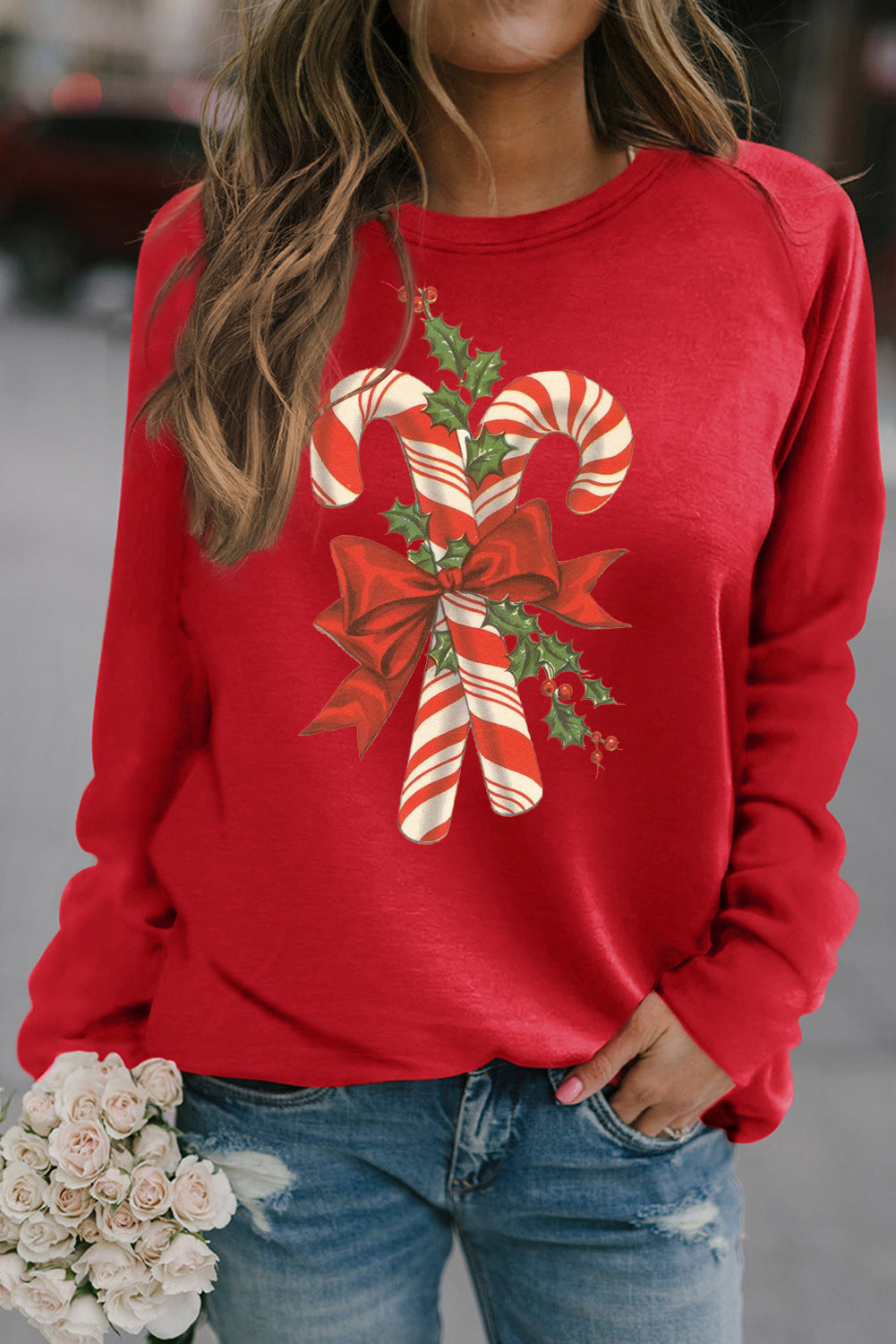 Christmas Cane Candy Bow Pattern Plain Crew Neck Pullover Sweatshirt