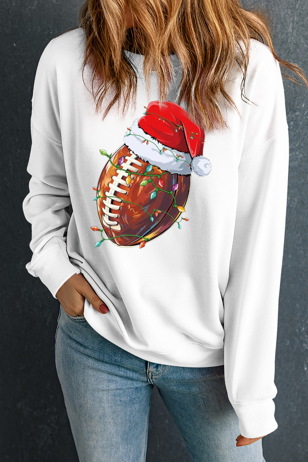 Christmas Baseball Santa Hat Pattern Crew Neck Pullover Sweatshirt