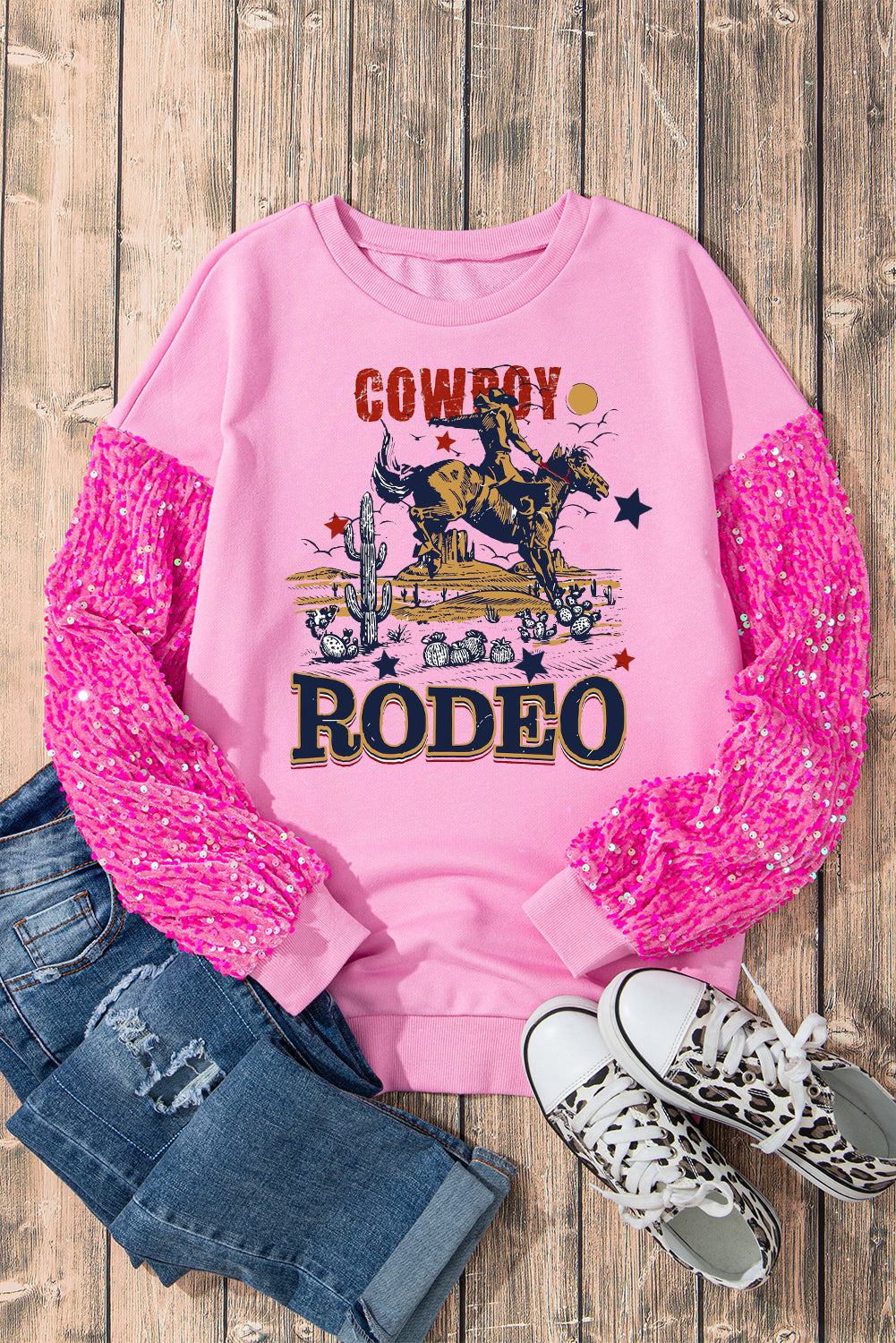 Pink Sequin cowboy Element Patchwork Long Sleeve Pullover Sweatshirt