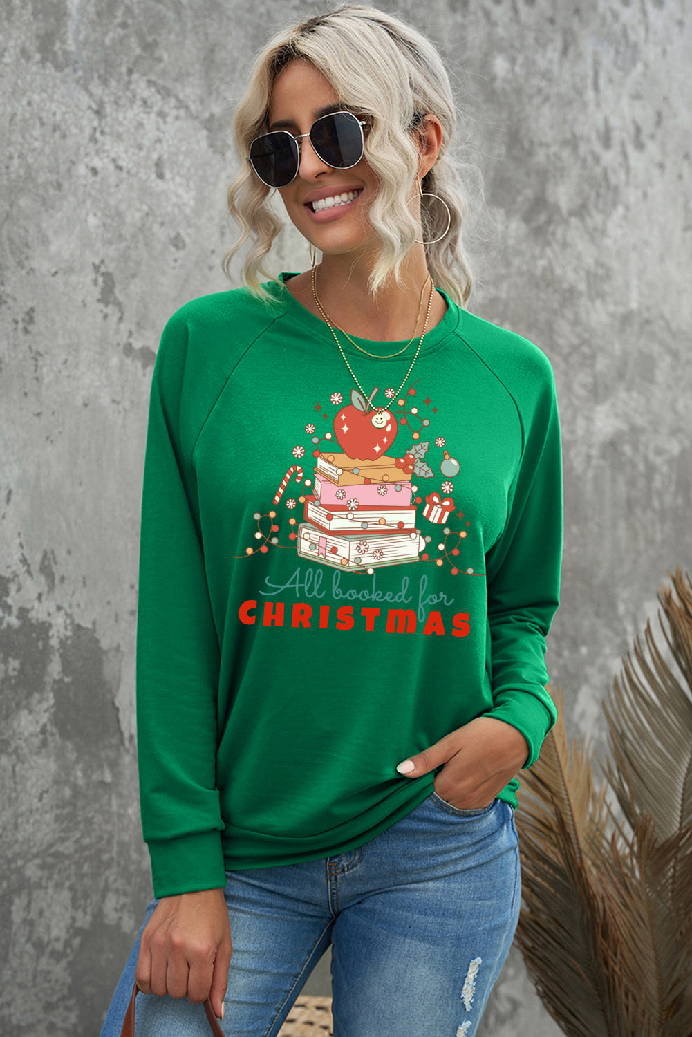 Christmas Plain Crew Neck Apple Pattern Pullover Sweatshirt