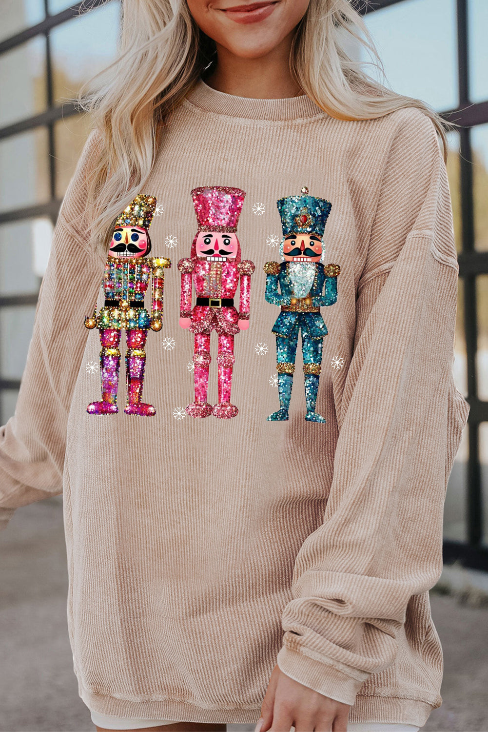 Ribbed Knit Nutcracker Pattern Crew Neck Pullover Sweatshirt