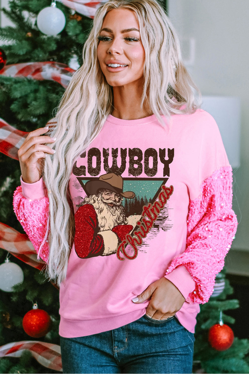 Christmas Pink Sequin Cowboy Patchwork Long Sleeve Pullover Sweatshirt