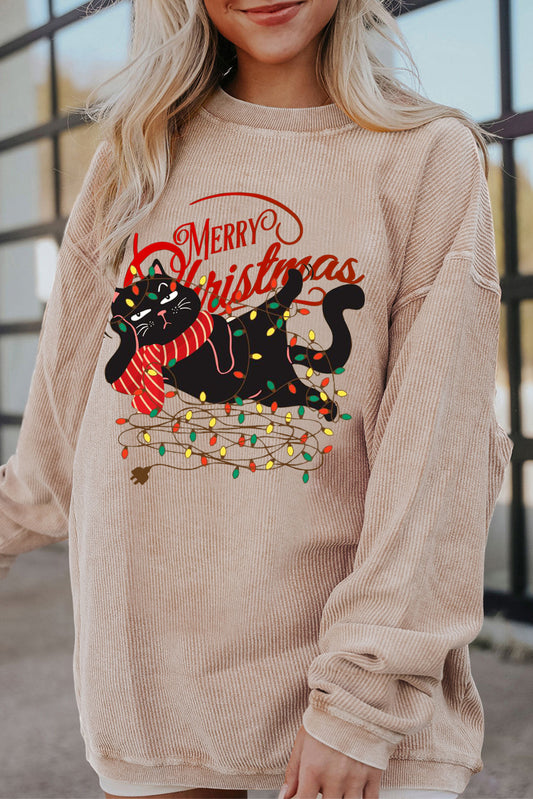 Christmas Quirky Cat Lights String Print Stripe Sweatshirt