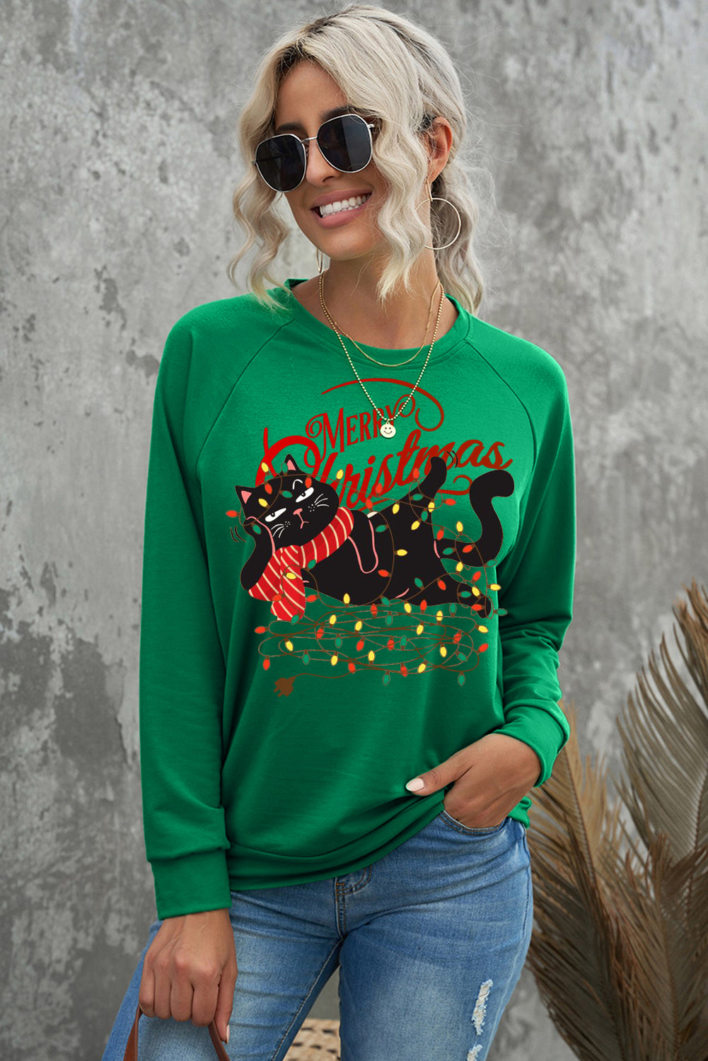 Crew Neck Wacky Cat String Light Print Pullover Sweatshirt