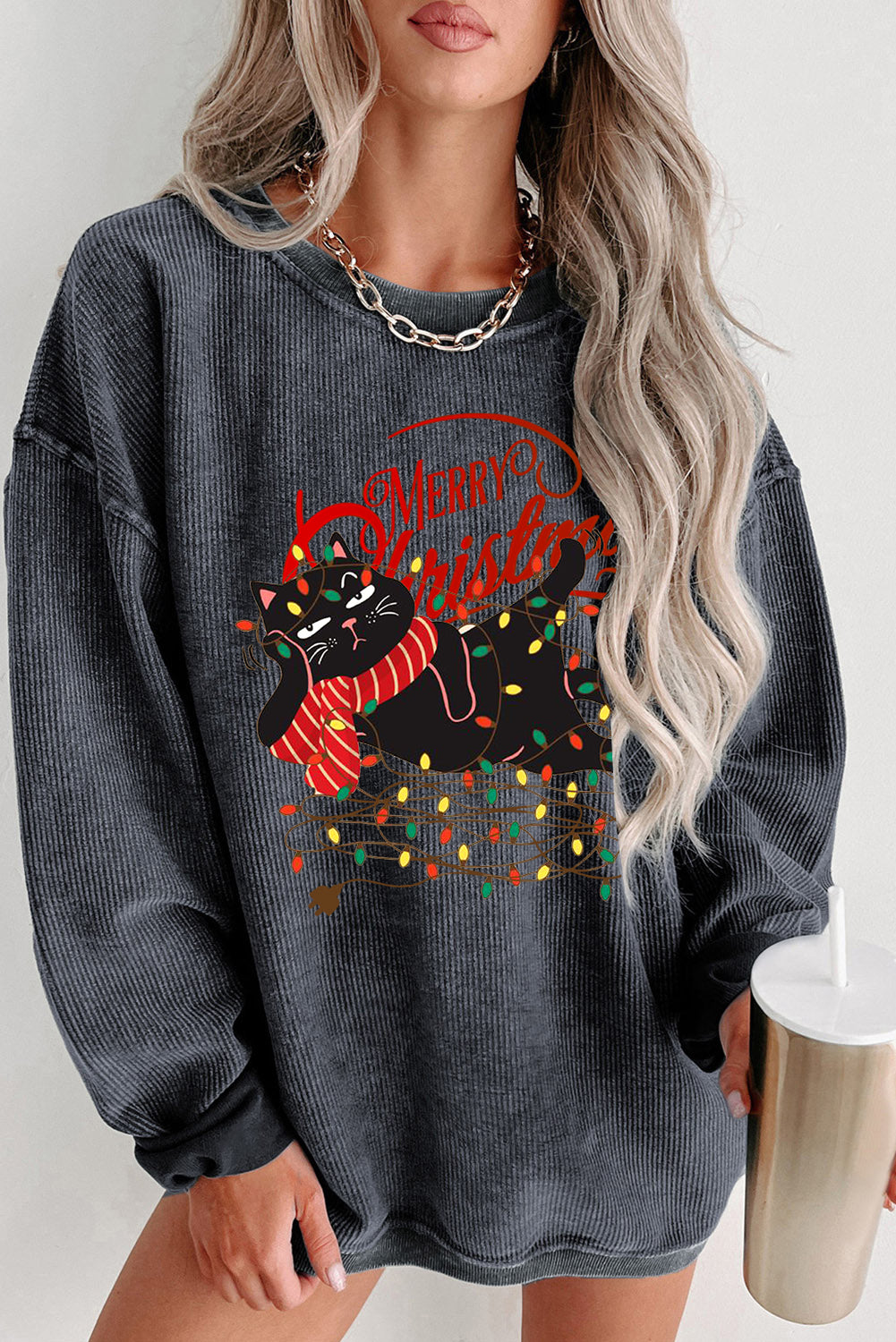 Christmas Wacky Cat Lights String Print Knit Crew Neck Pullover Sweatshirt