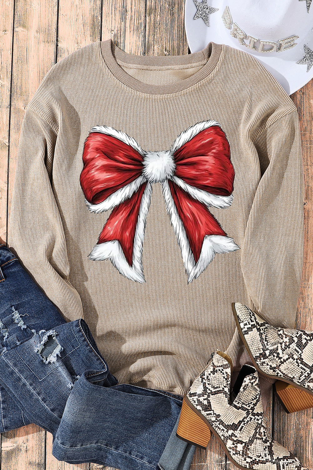 Plain Round Neck Red Big Bow Pattern Pullover Sweatshirt