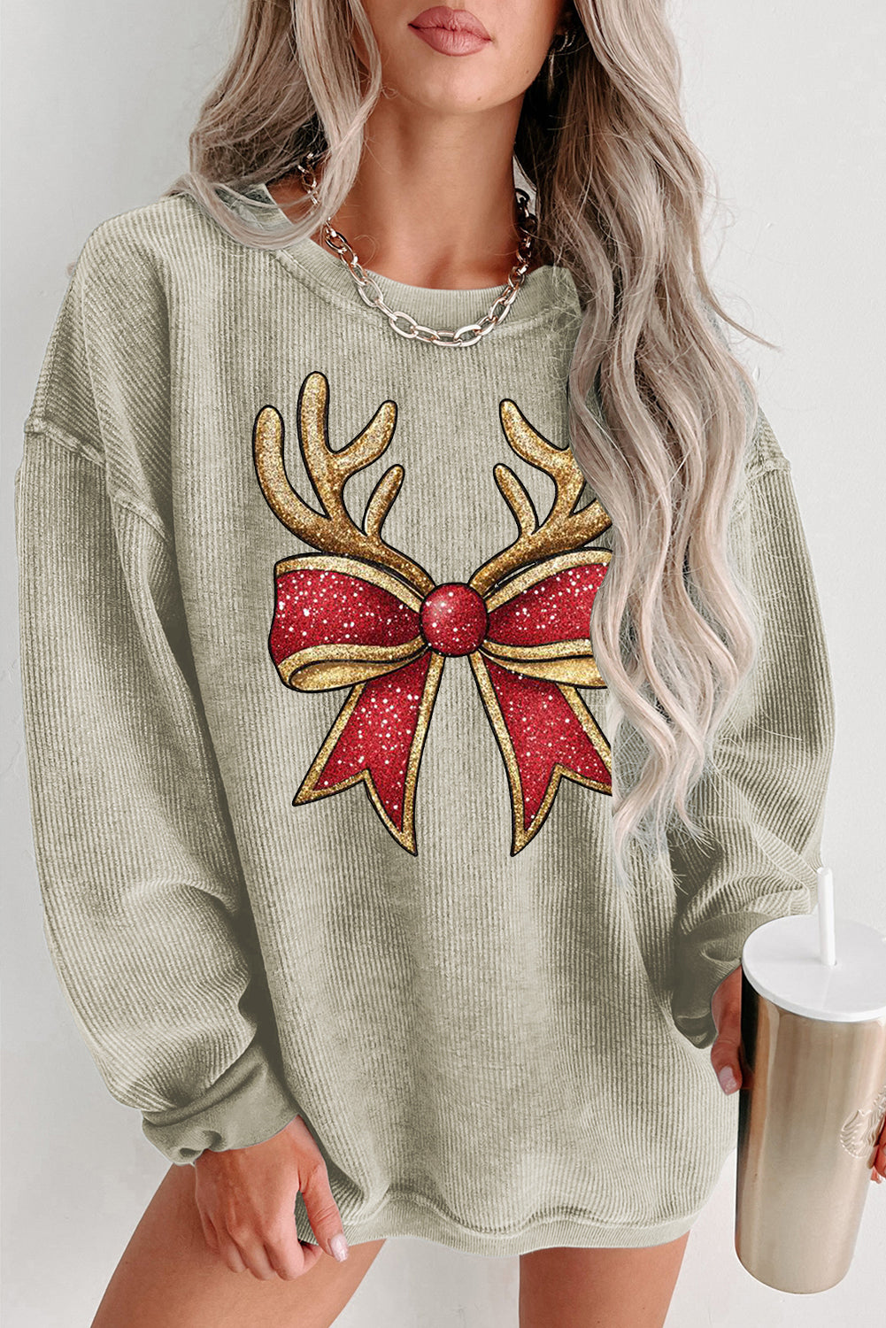 Christmas Ribbed Crew Neck Antler Bow Pullover Sweatshirt