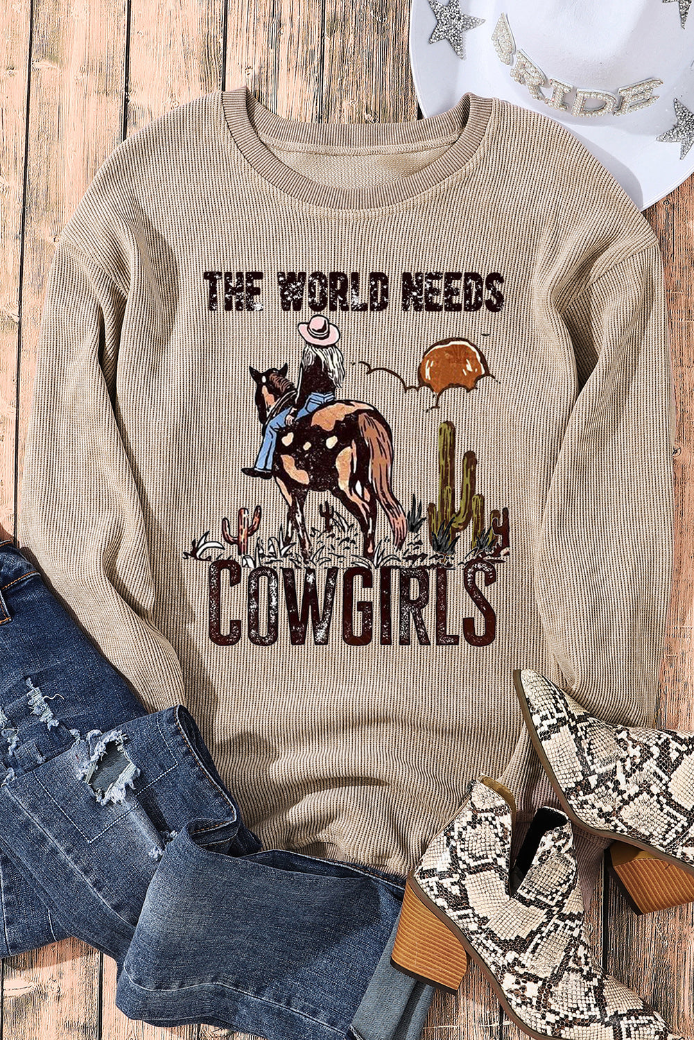 Cowgirls Ribbed Crew Neck Pullover Sweatshirt