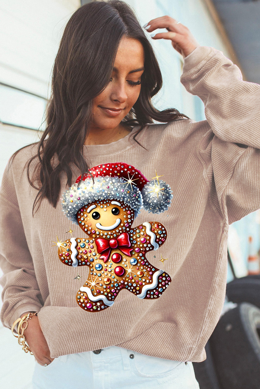 Santa Hat Bear Crew Neck Pattern Pullover Sweatshirt