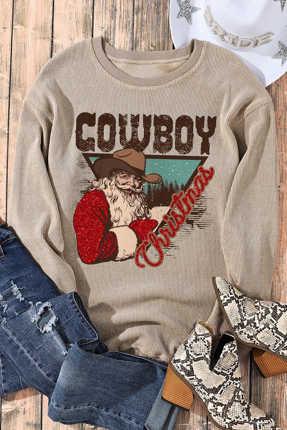 Christmas Cowboy Boy Printed Knit Crew Neck Pullover Sweatshirt