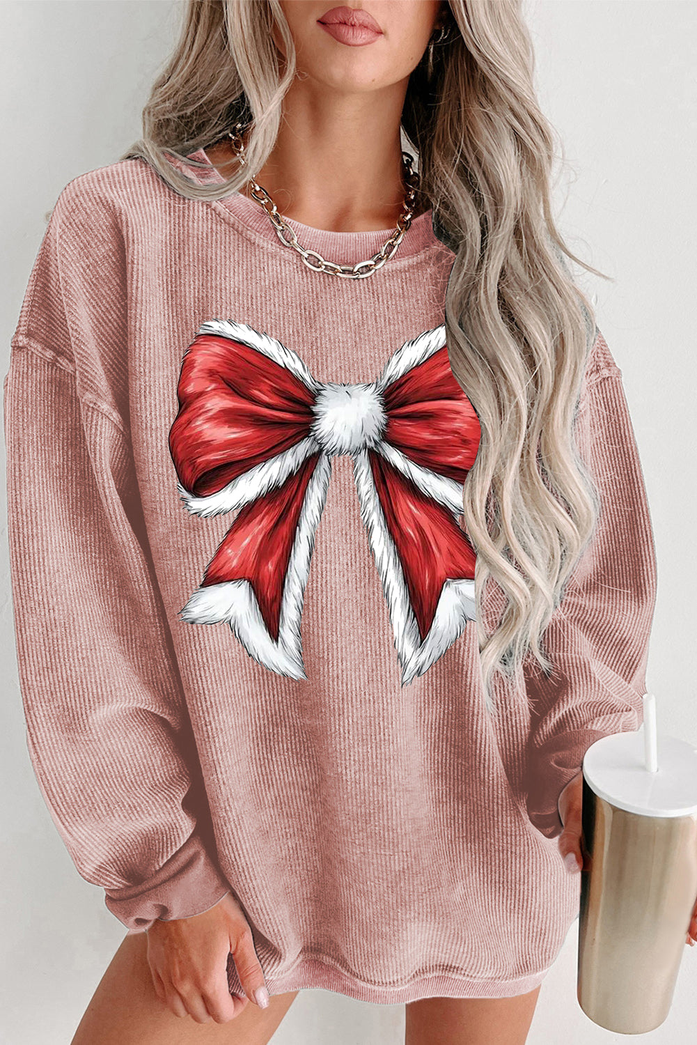 Plain Round Neck Red Big Bow Pattern Pullover Sweatshirt