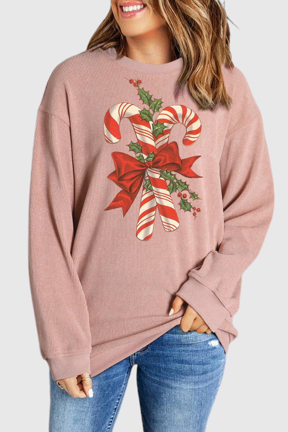 Christmas Bow Cane Ribbed Crew Neck Pullover Sweatshirt