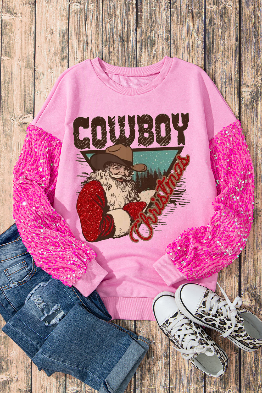 Christmas Pink Sequin Cowboy Patchwork Long Sleeve Pullover Sweatshirt