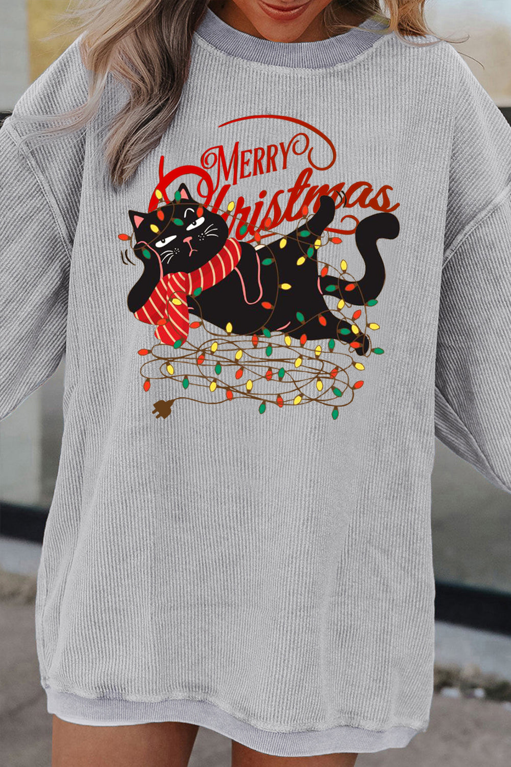 Christmas Quirky Cat Lights String Print Stripe Sweatshirt