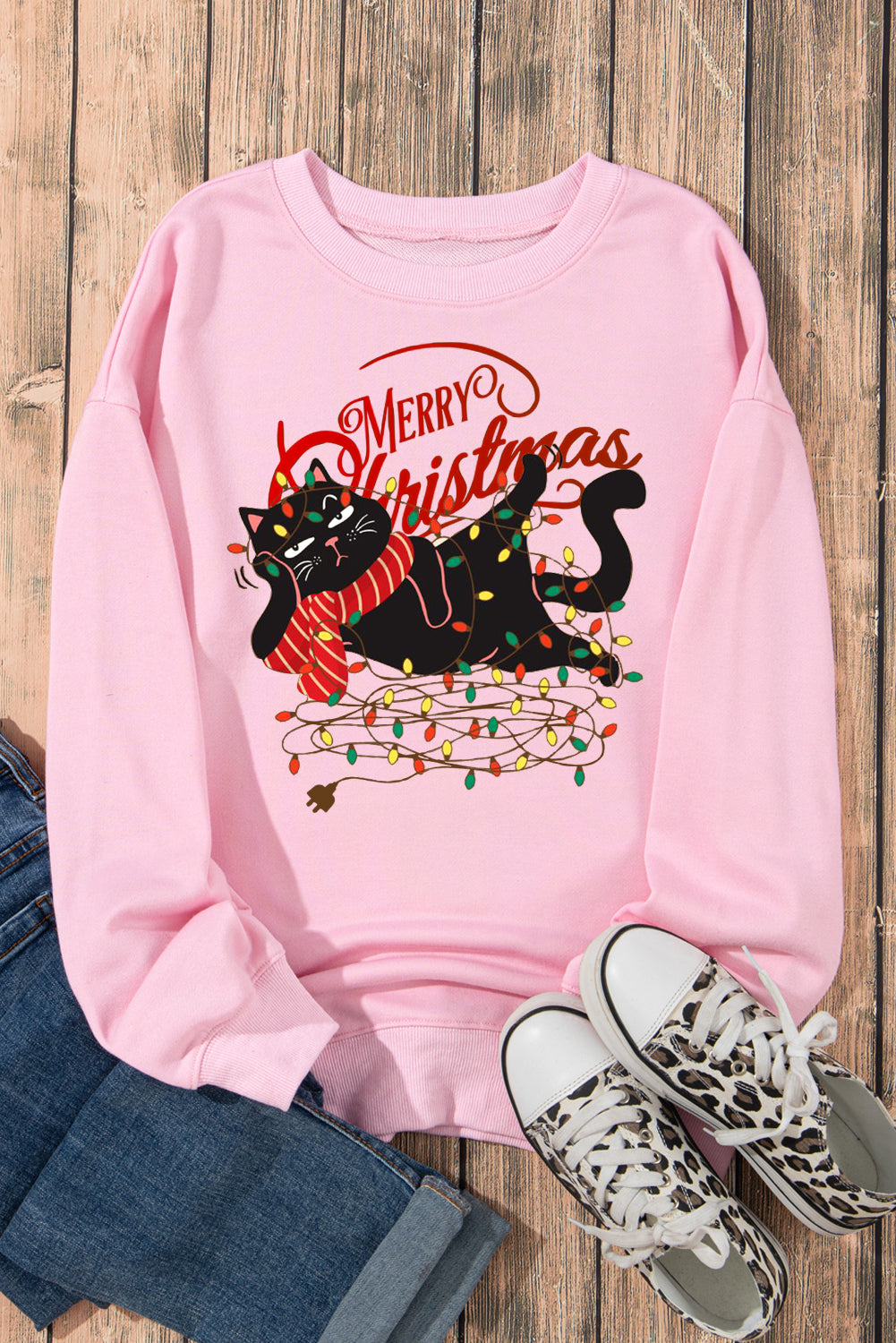 Christmas Wacky Cat String Lights Print Crew Neck Pullover Sweatshirt