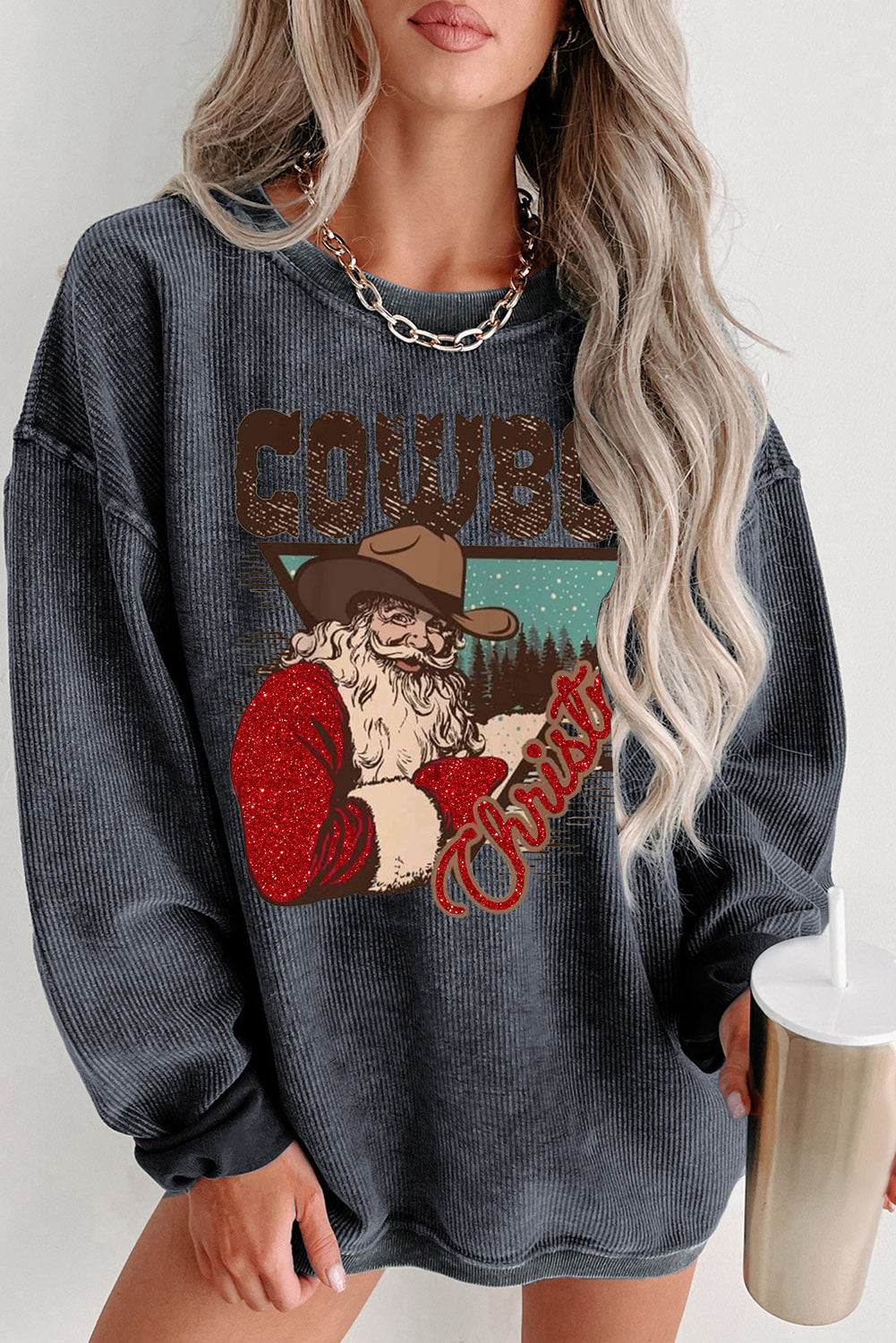 Christmas Cowboy Boy Printed Knit Crew Neck Pullover Sweatshirt