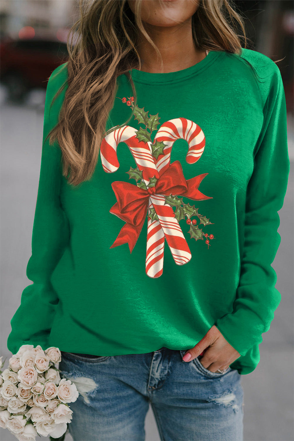 Christmas Cane Candy Bow Pattern Plain Crew Neck Pullover Sweatshirt