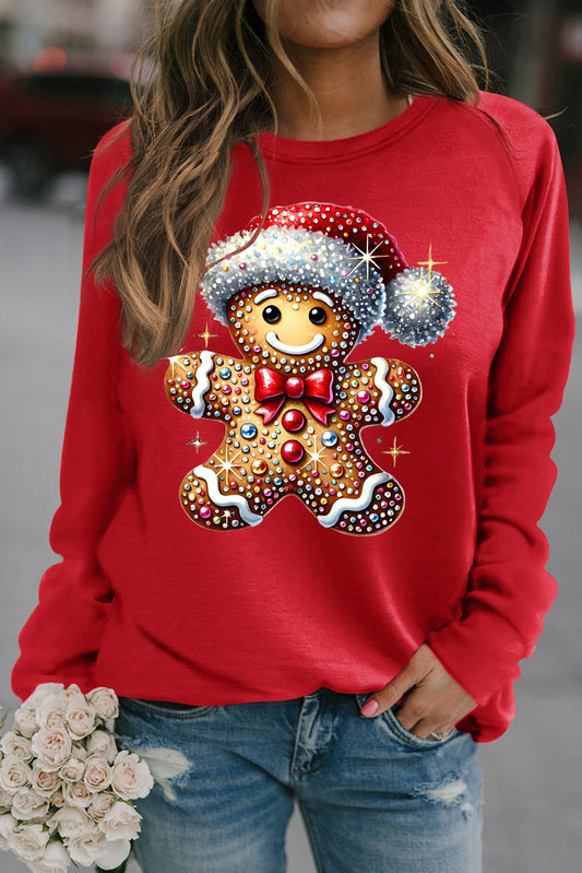 Christmas Ribbed Crew Neck Bear Christmas Hat Pullover Sweatshirt