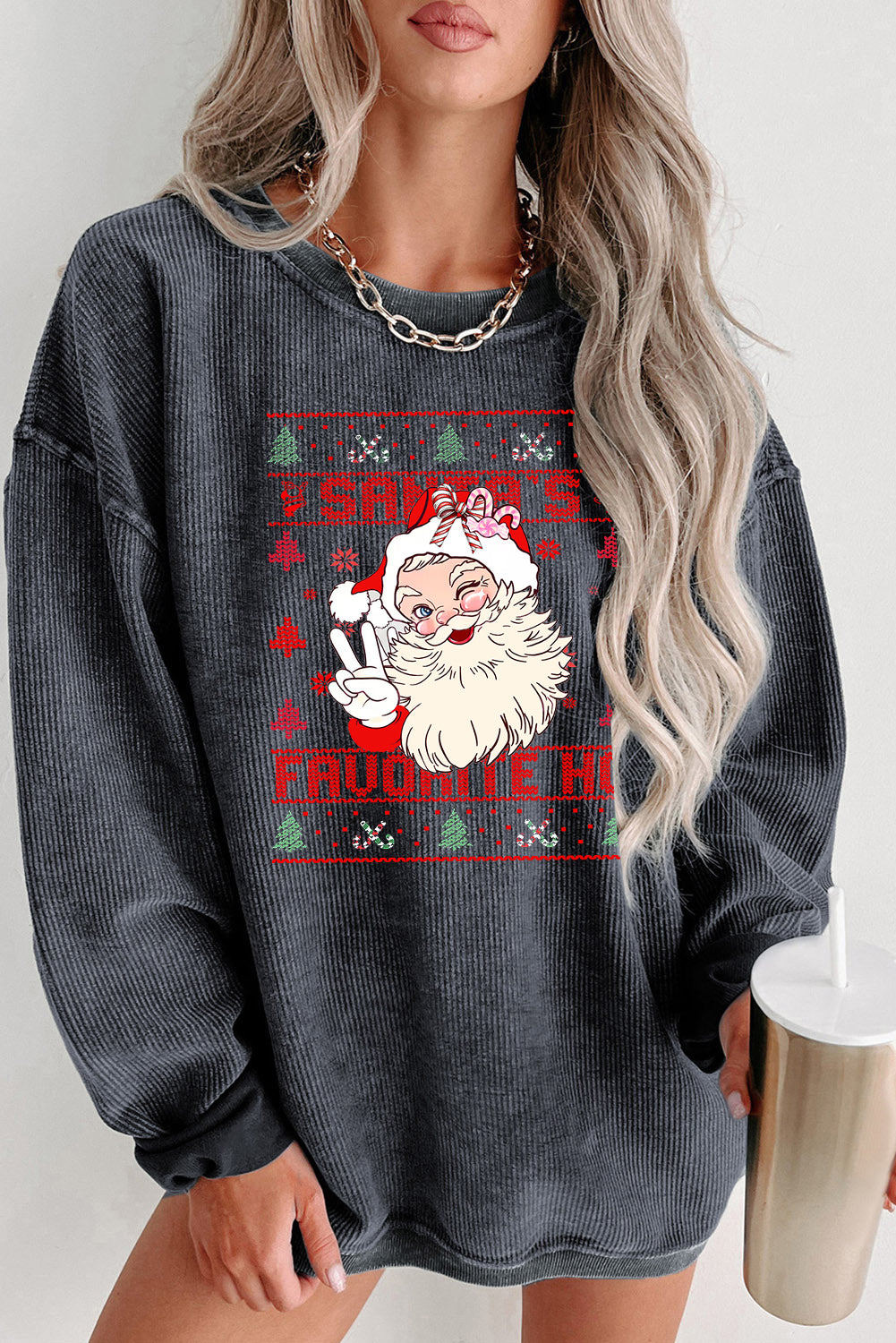 Plain Crew Neck Cute Santa Pattern Pullover Sweatshirt