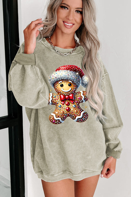 Christmas Ribbed Crew Neck Bear Santa Hat Pullover Sweatshirt