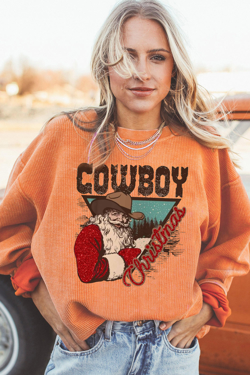 Christmas Cowboy Boy Ribbed Corduroy Oversized Sweatshirt