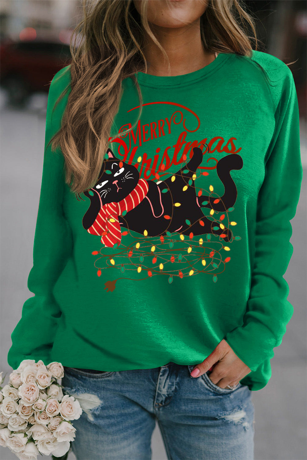 Crew Neck Wacky Cat String Light Print Pullover Sweatshirt