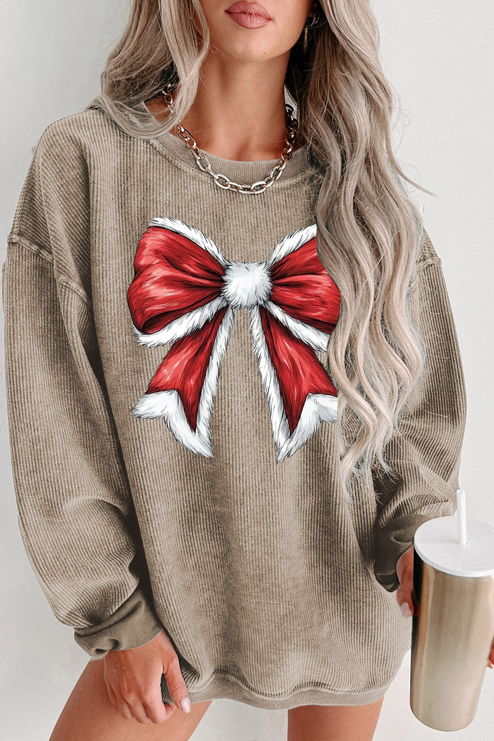 Plain Round Neck Red Big Bow Pattern Pullover Sweatshirt