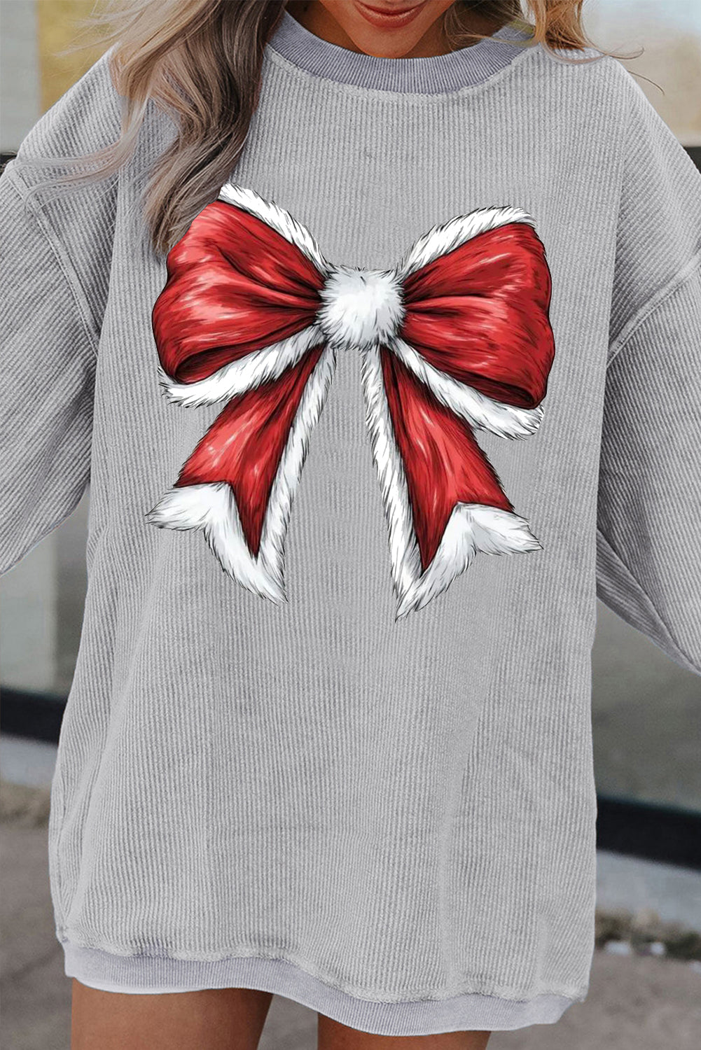 Christmas round neck big bow pattern pullover sweater