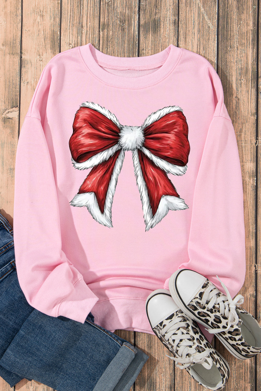 Christmas Big Bow Pattern Crew Neck Pullover Sweatshirt