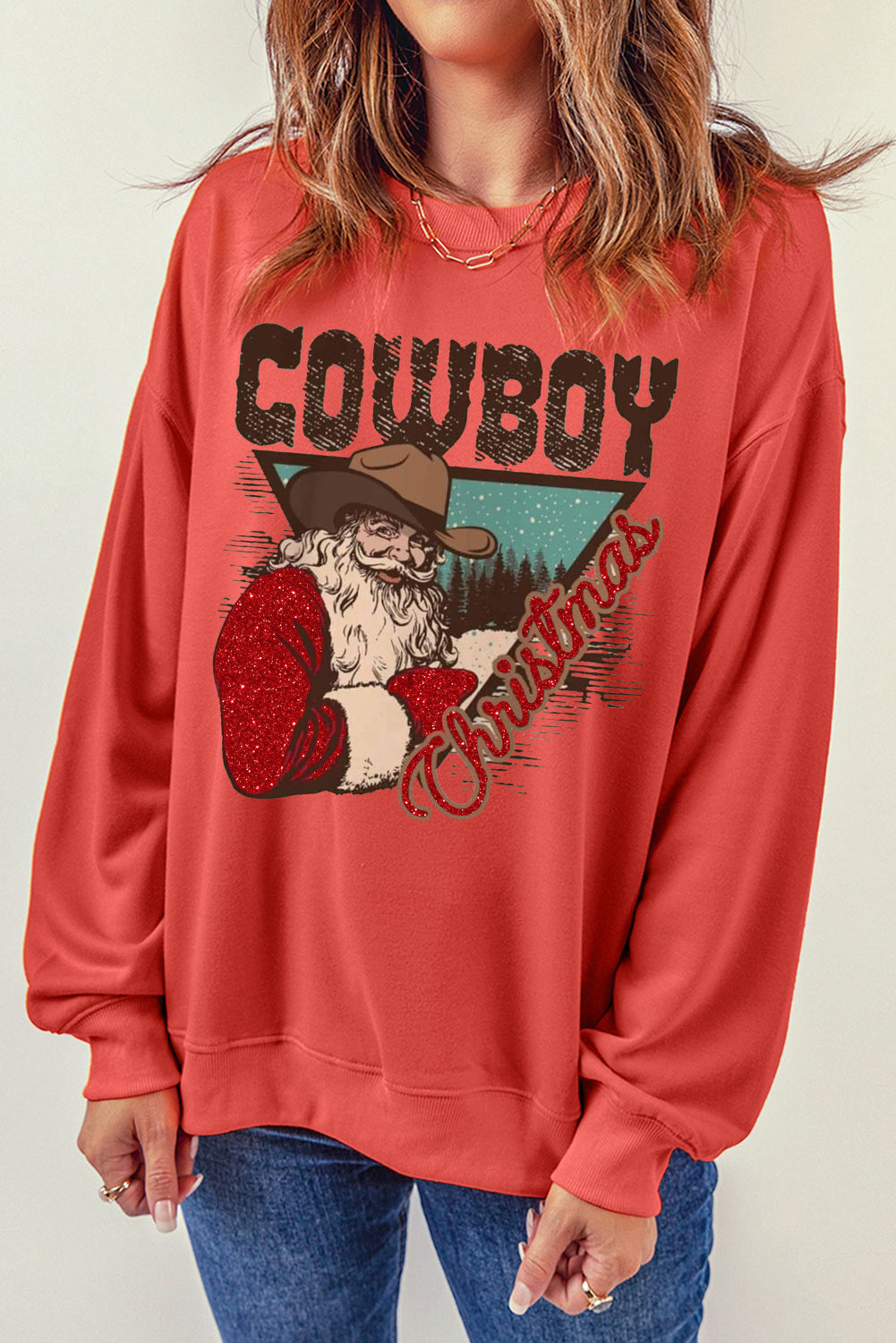 Cowboy Boy Printed Solid Color Crew Neck Pullover Sweatshirt