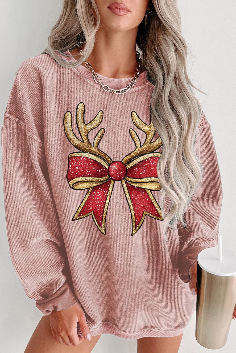 Christmas Ribbed Crew Neck Antler Bow Pullover Sweatshirt