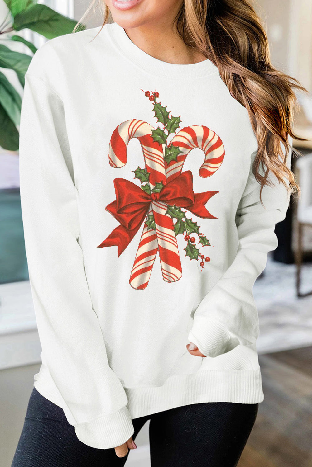 Christmas Cane Candy Pattern Crew Neck Pullover Sweatshirt