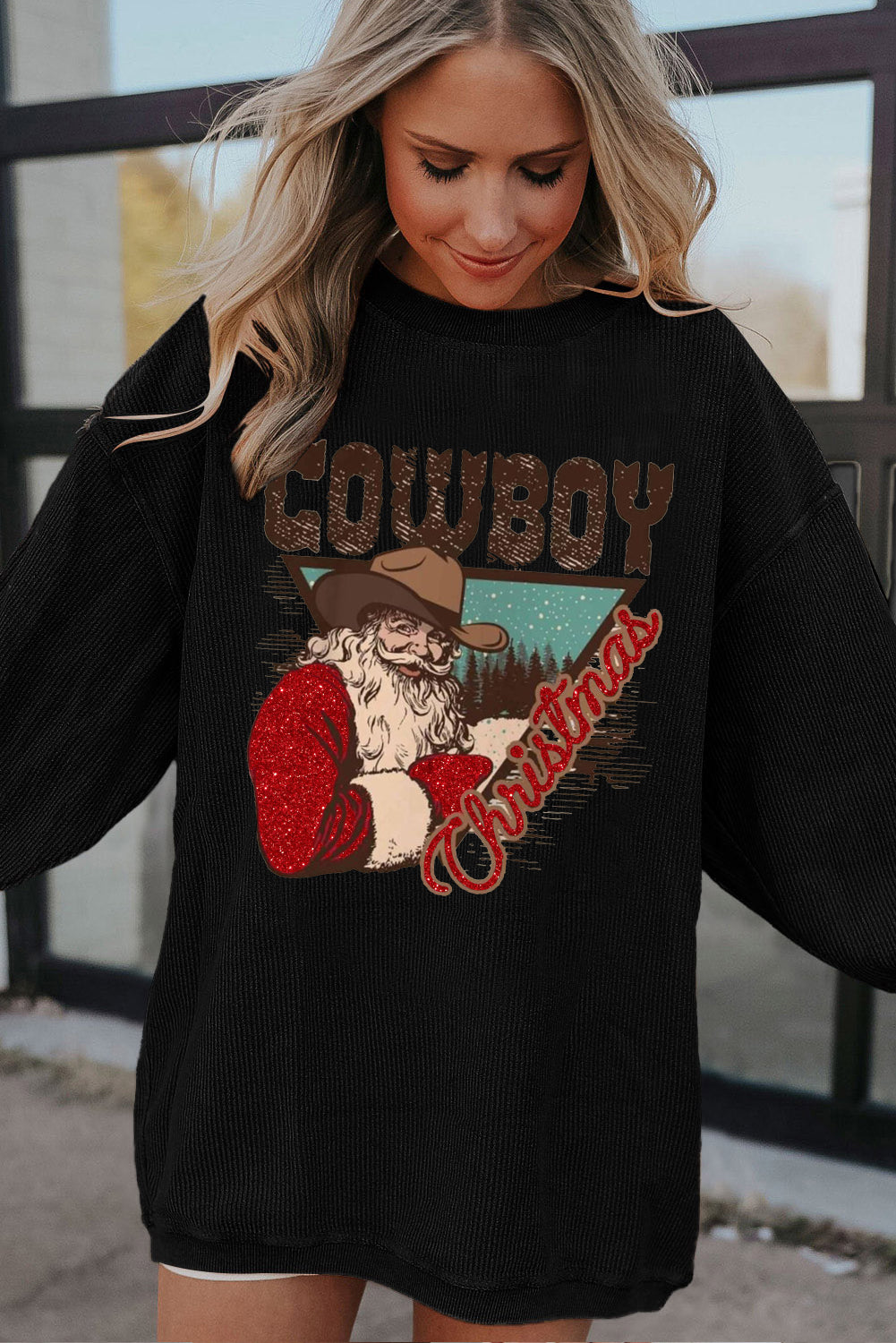 Christmas Cowboy Boy Ribbed Corduroy Oversized Sweatshirt