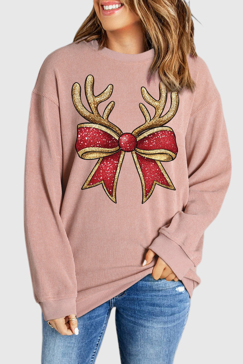 Christmas Ribbed Crew Neck Antler Bow Pullover Sweatshirt