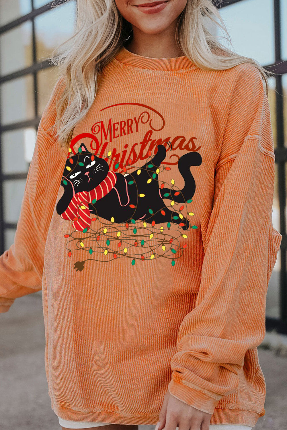 Christmas Quirky Cat Lights String Print Stripe Sweatshirt