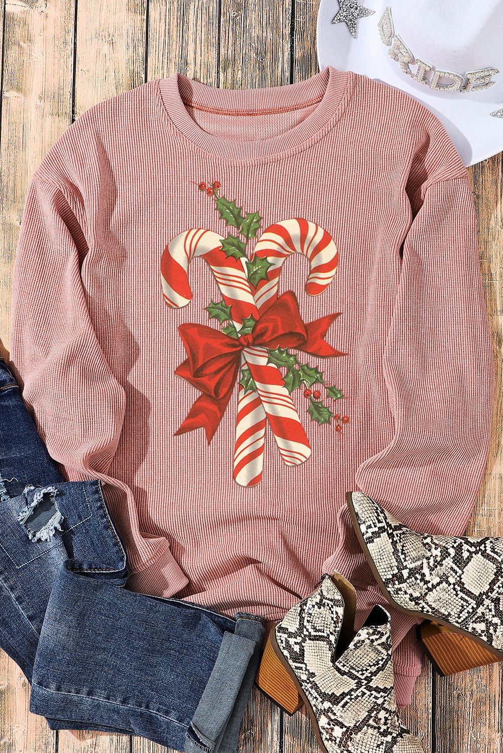 Christmas Bow Cane Ribbed Crew Neck Pullover Sweatshirt