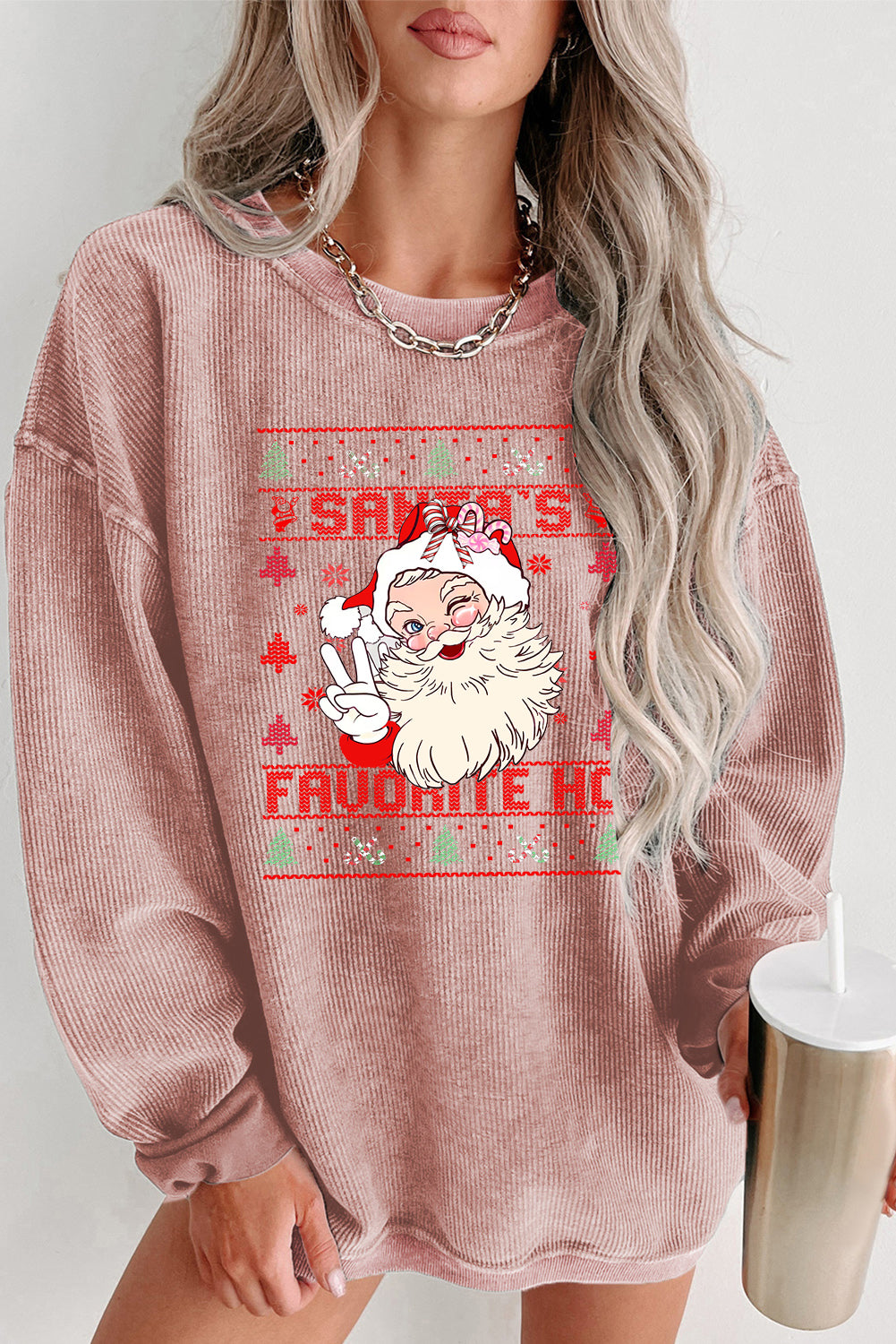 Plain Crew Neck Cute Santa Pattern Pullover Sweatshirt