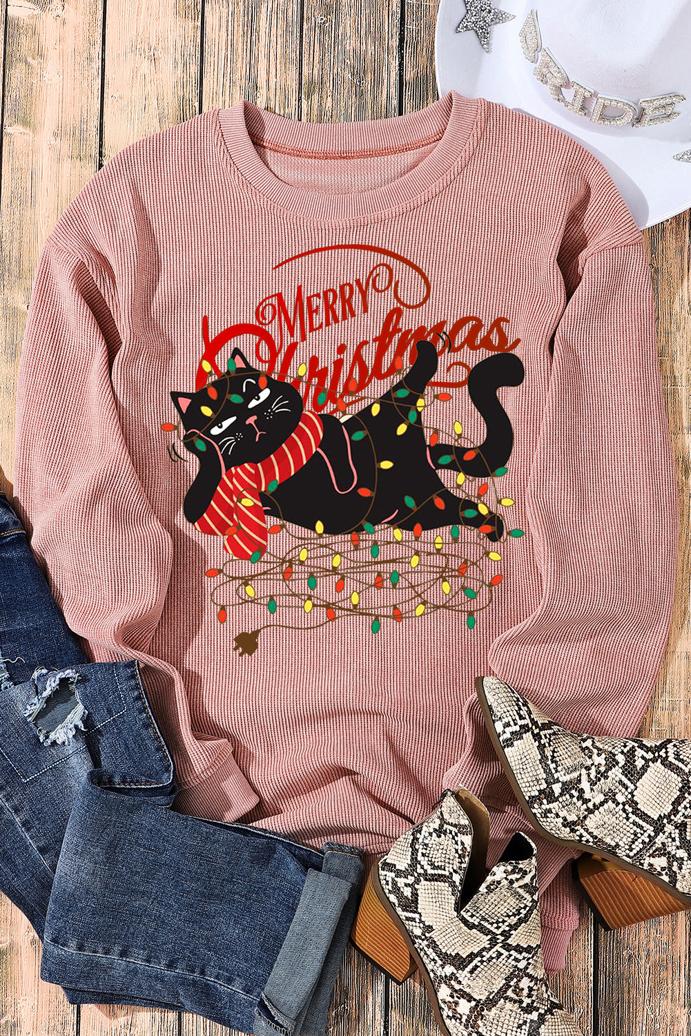 Christmas Wacky Cat Lights String Print Knit Crew Neck Pullover Sweatshirt