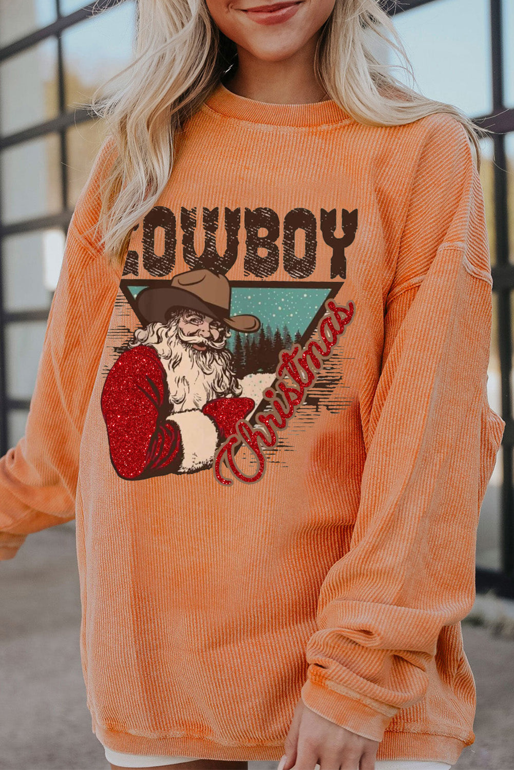 Christmas Cowboy Boy Ribbed Corduroy Oversized Sweatshirt