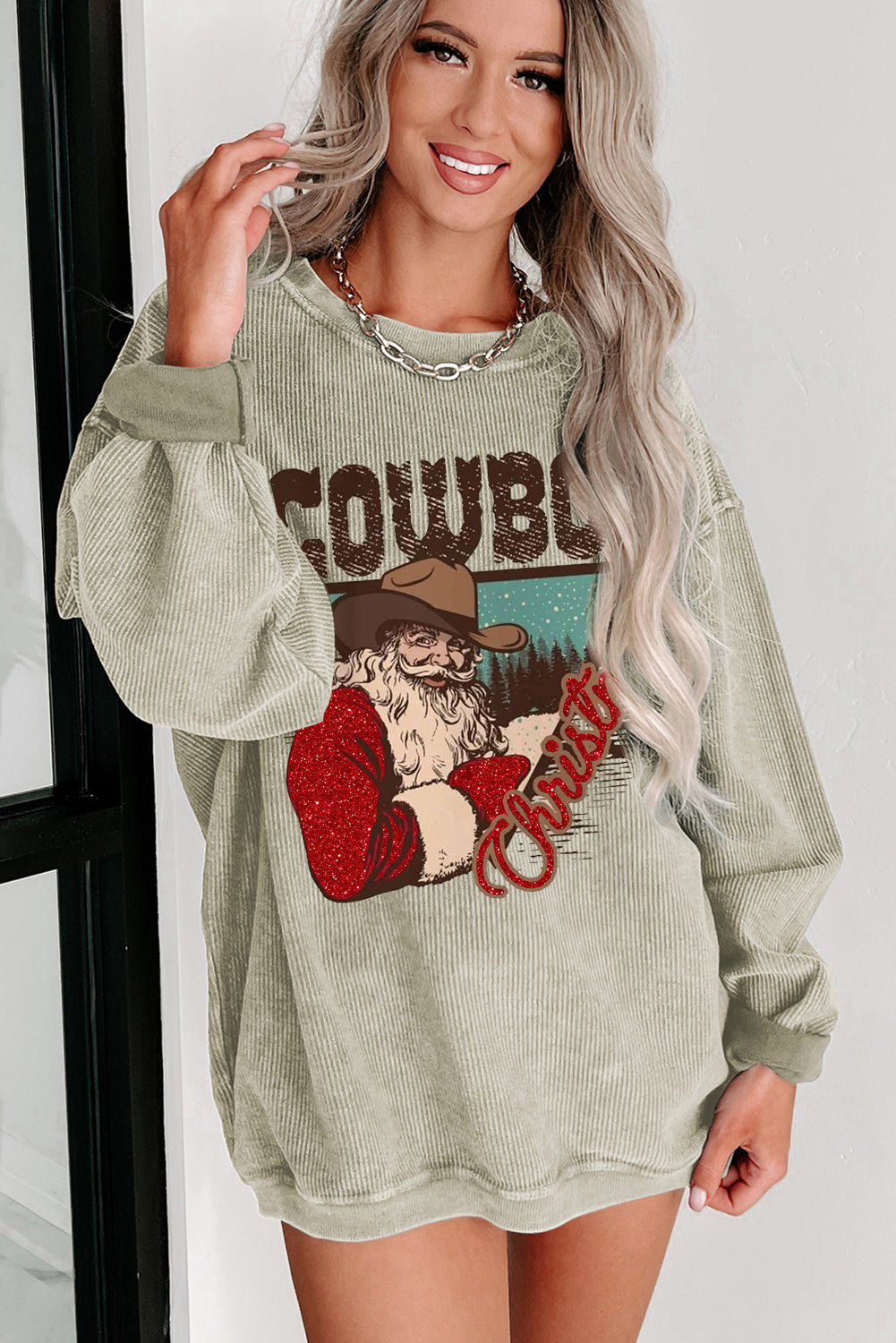 Christmas Cowboy Boy Printed Knit Crew Neck Pullover Sweatshirt