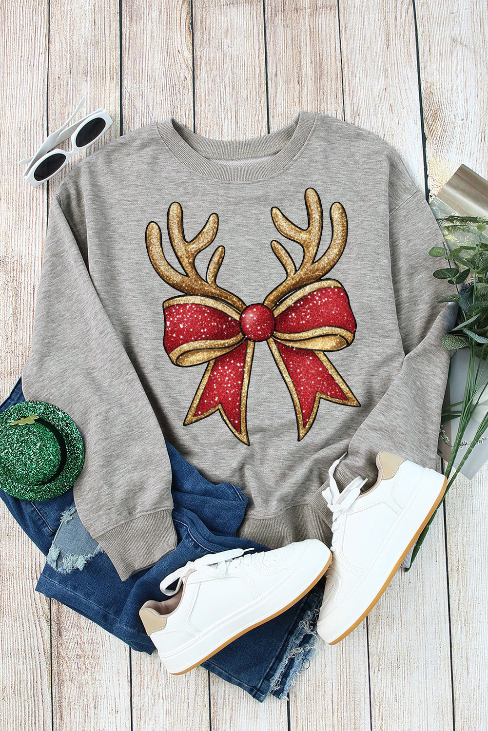 Christmas Wacky Cat String Lights Print Crew Neck Pullover Sweatshirt